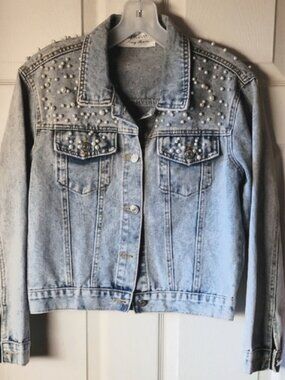 Monicustom Pearl Embellished Blue Denim Jacket Heather on Back Small